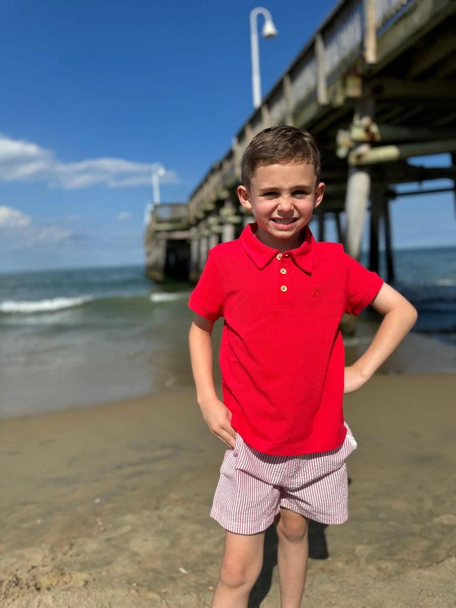 boy wearing red polo shirt at the beach