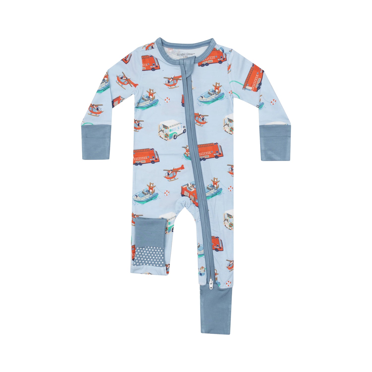 blue romper showing rescue vehicles and dogs inside them