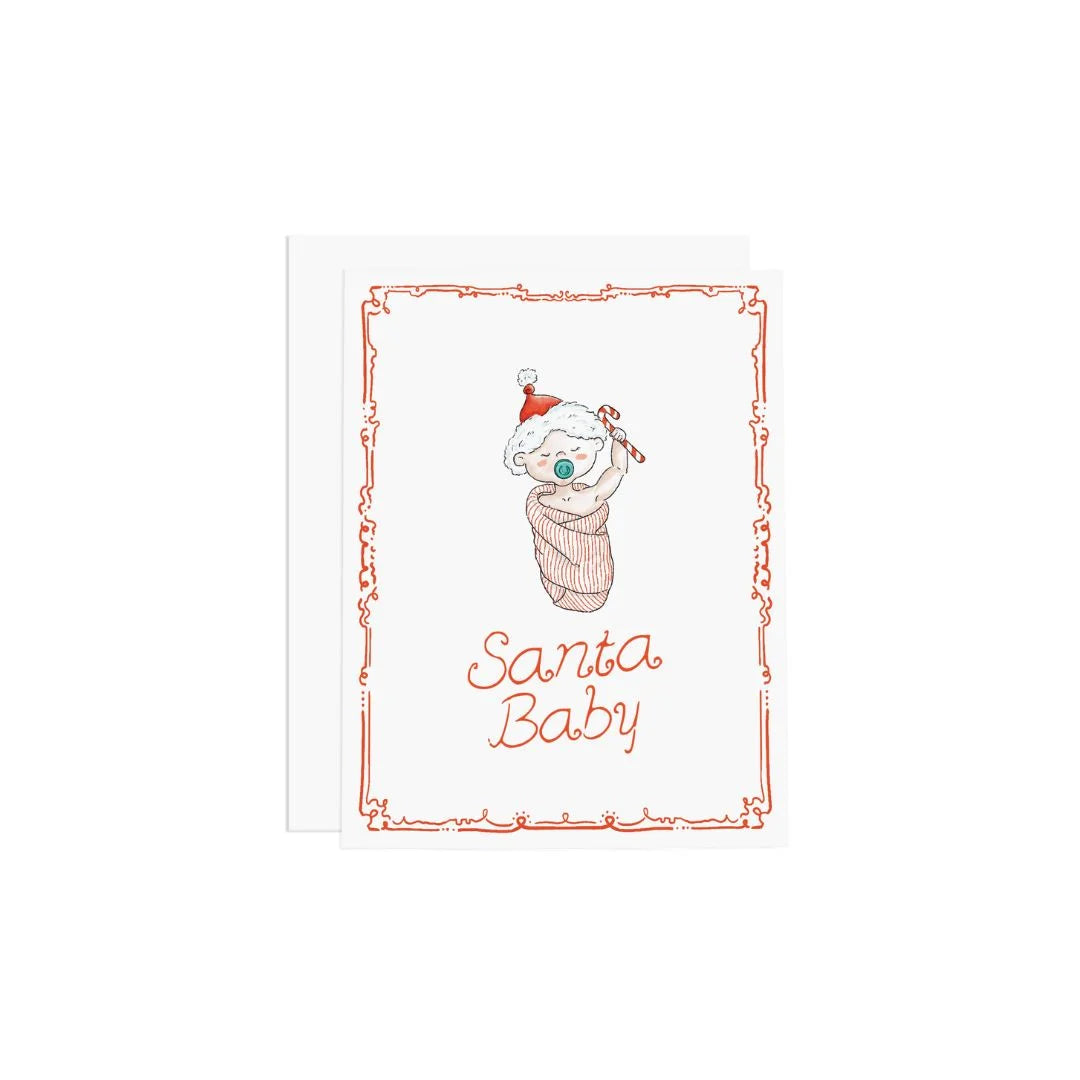 Santa baby greeting card, shows baby with santa hat and candy cane