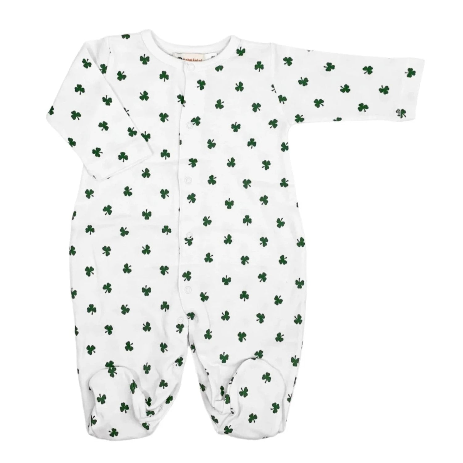 white snap footie with green shamrocks all over