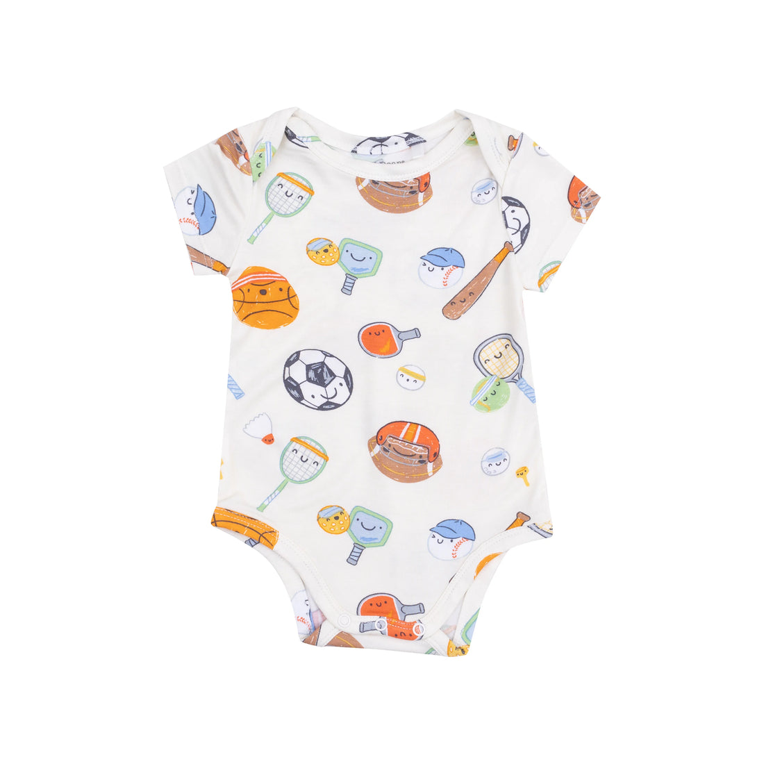 white bodysuit with all different sports emblems all over
