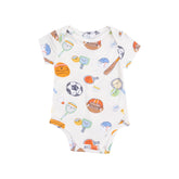 white bodysuit with all different sports emblems all over
