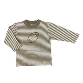 white and tan striped long sleeve shirt with football design