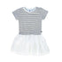 top is short sleeve white with navy stripes and bottom is white tulle skirt