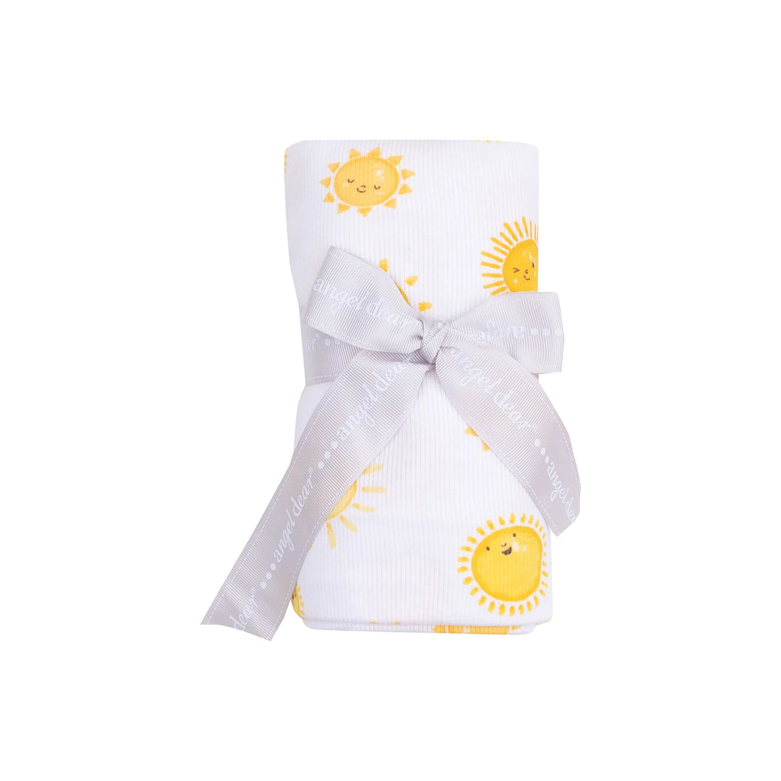 white swaddle blanket with yellow suns all over