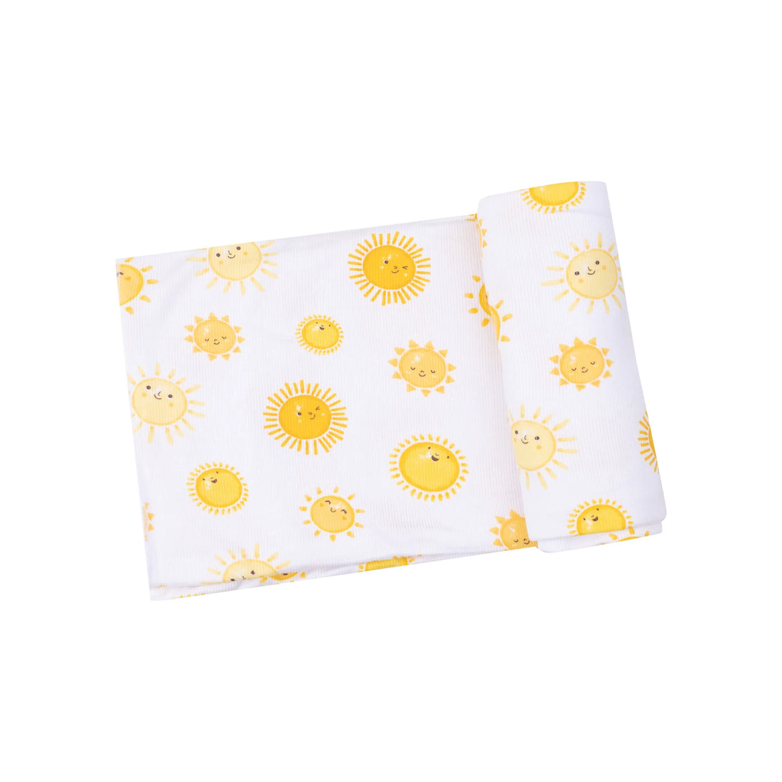 white swaddle blanket with yellow suns all over