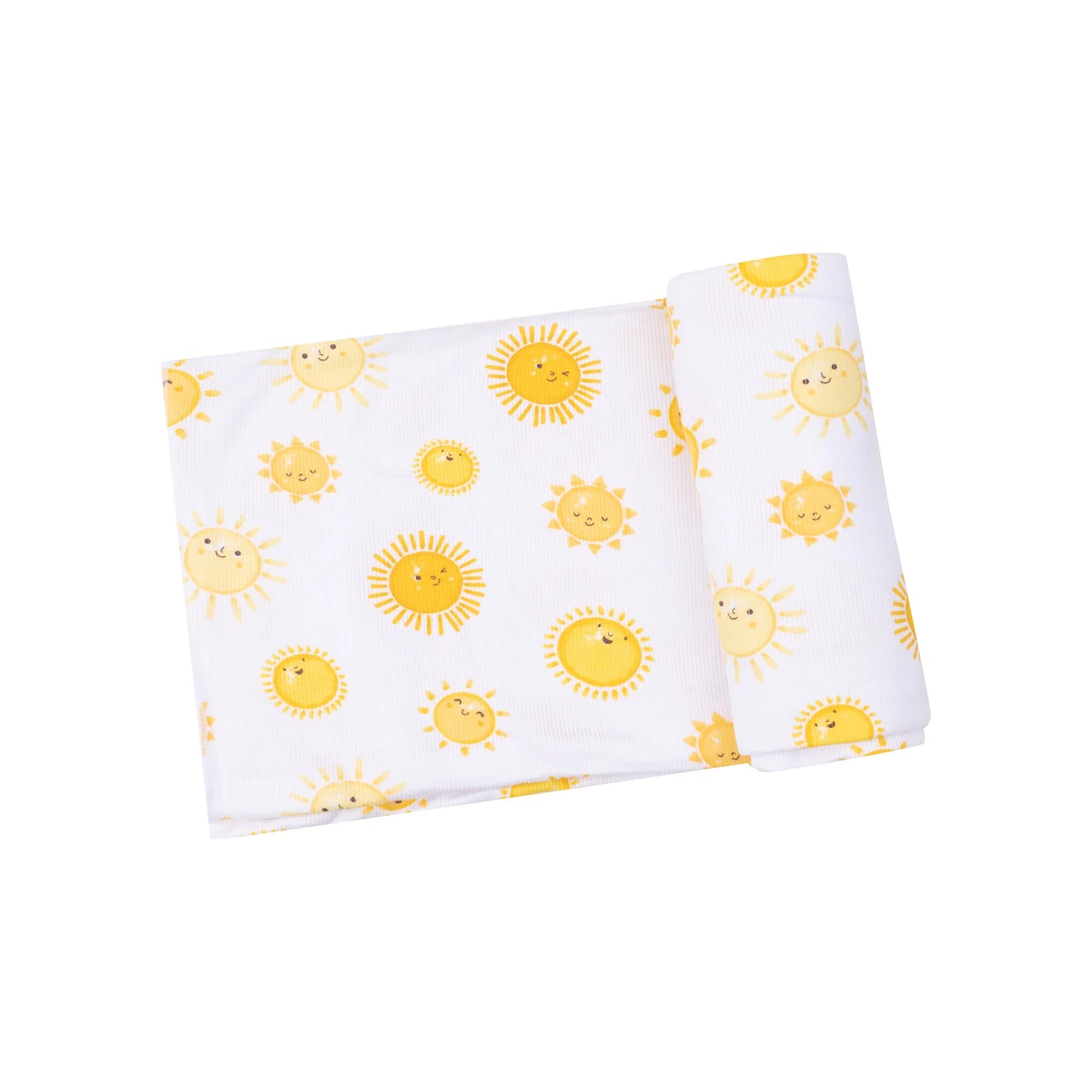 white swaddle blanket with yellow suns all over