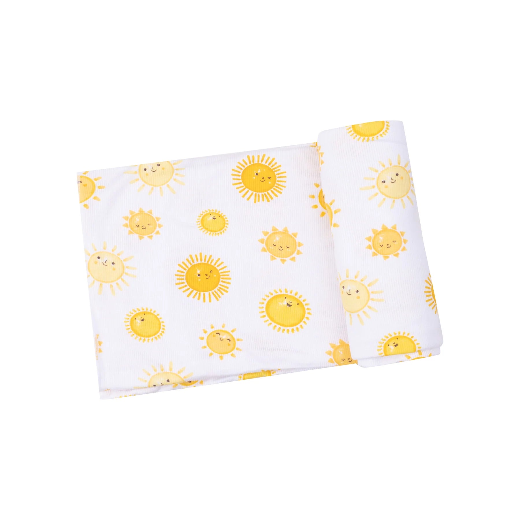 white swaddle blanket with yellow suns all over
