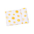 white swaddle blanket with yellow suns all over