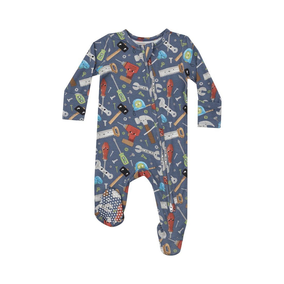 dark blue footie with toolbox print