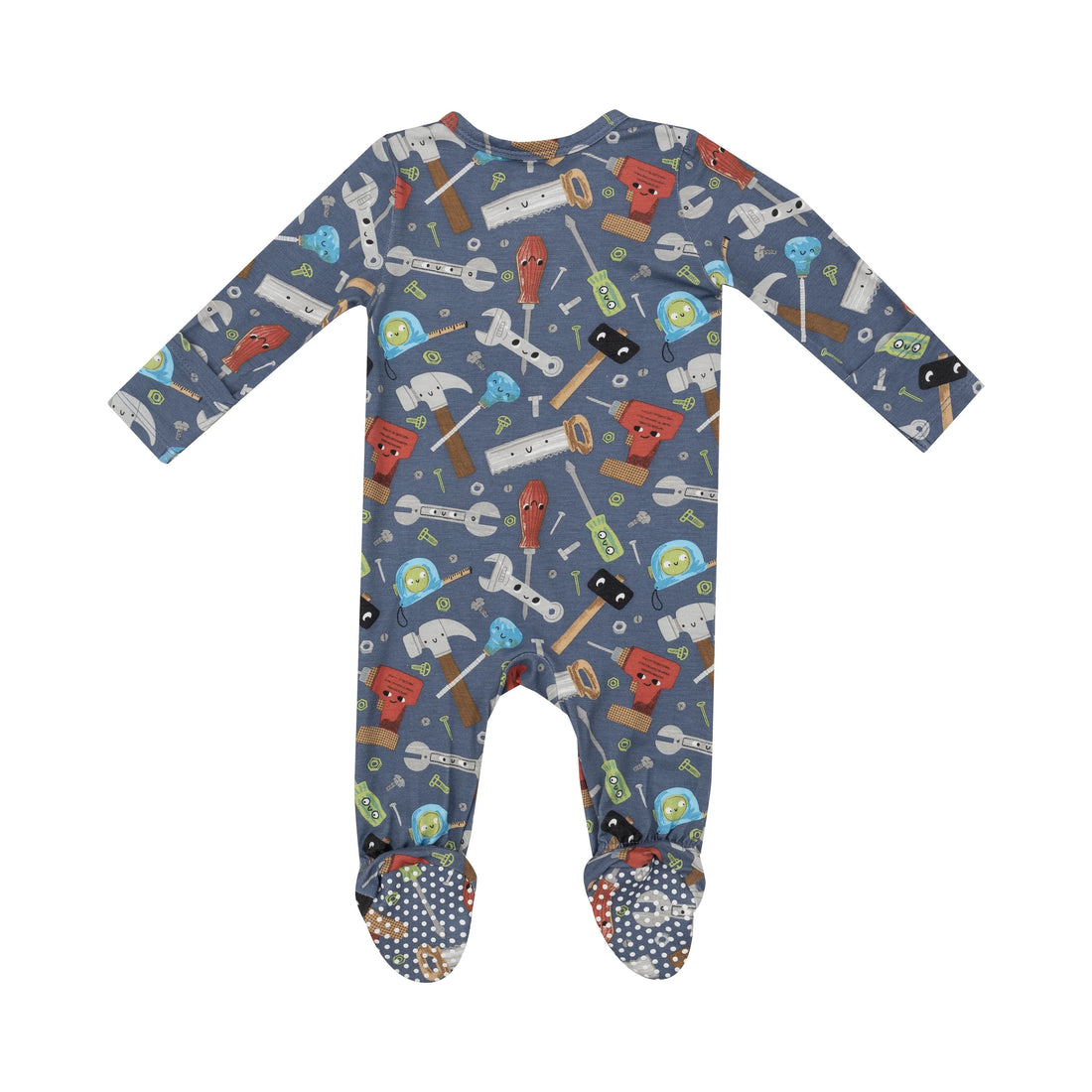 dark blue footie with toolbox print