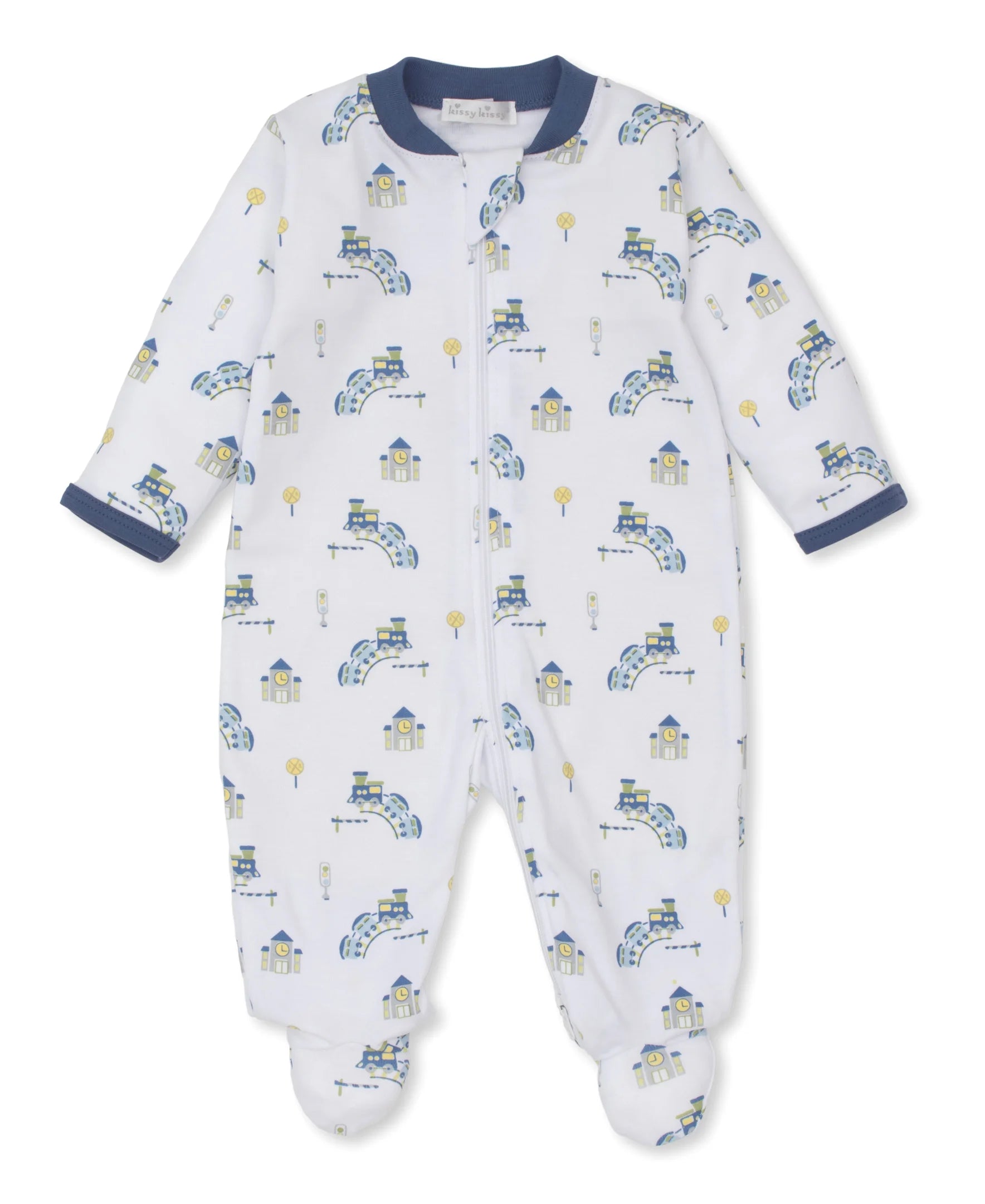 white footie with blue and yellow train print