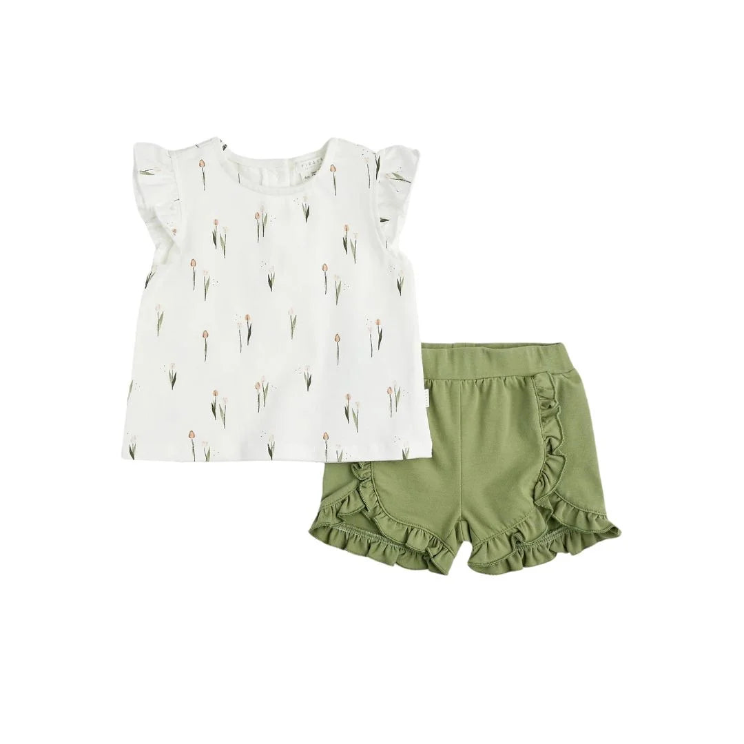 tulip print top and green ruffle shorts