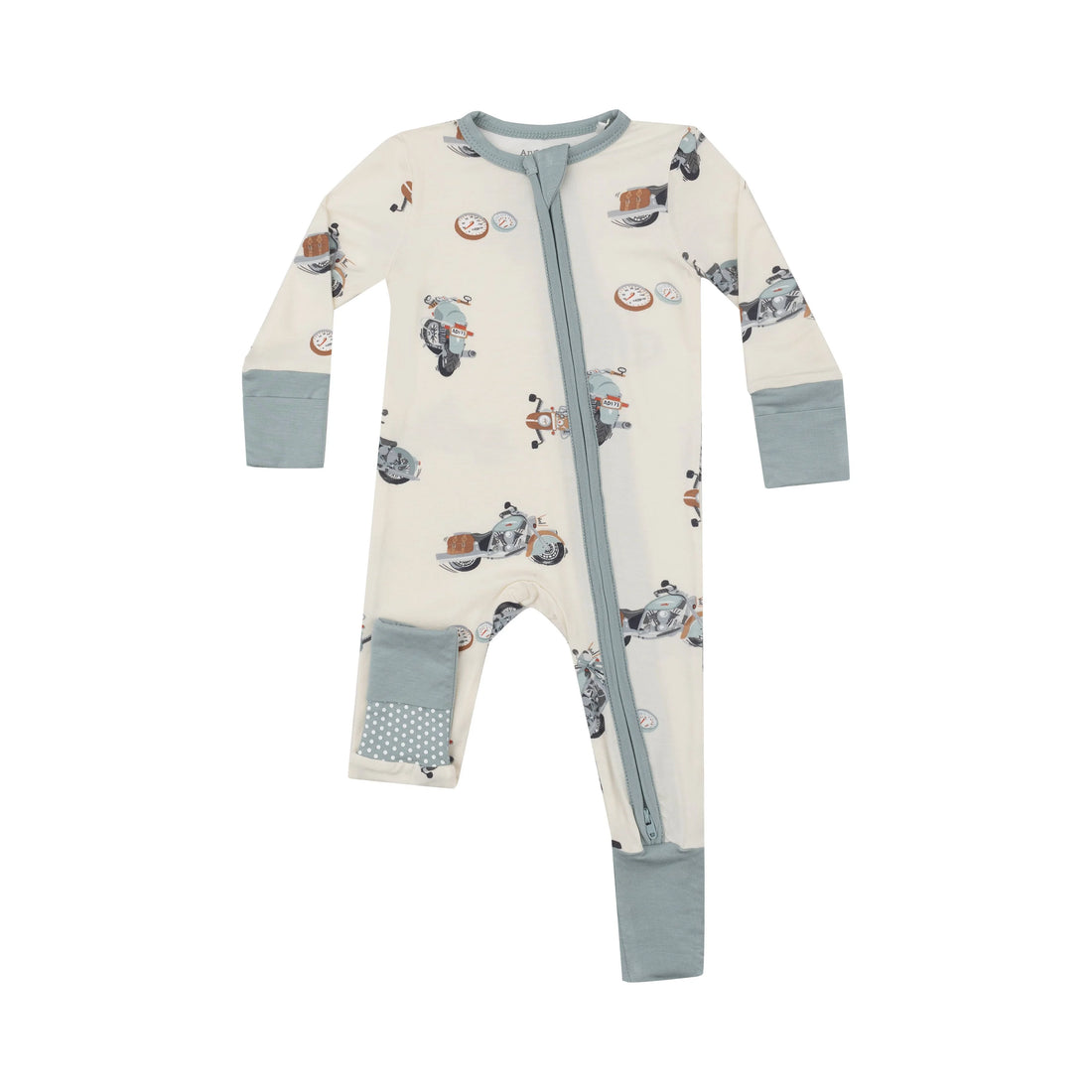 cream and blue romper with motorcycles all over