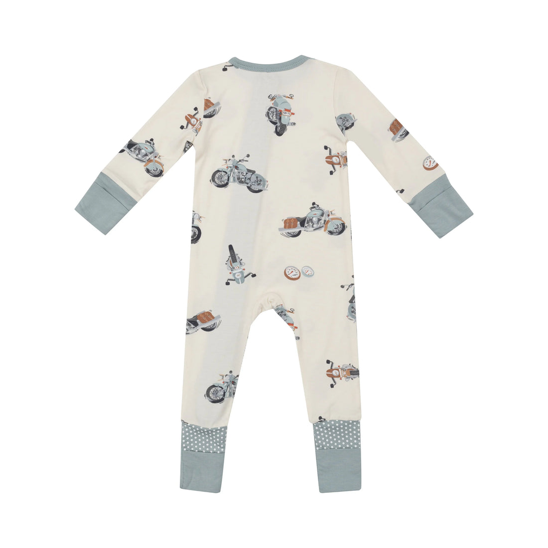 cream and blue romper with motorcycles all over