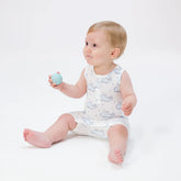white romper with blue whales all over