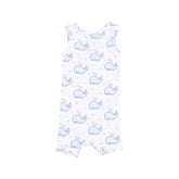 white romper with blue whales all over