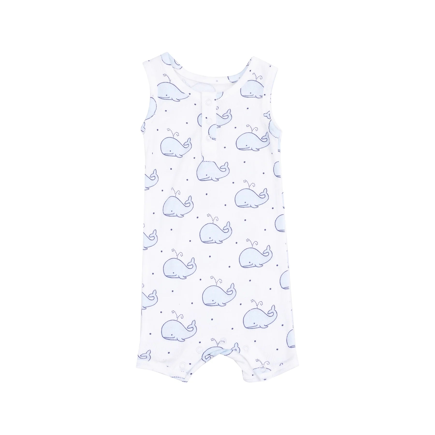 white romper with blue whales all over