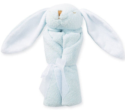 blue bunny blanket rolled up with white bow