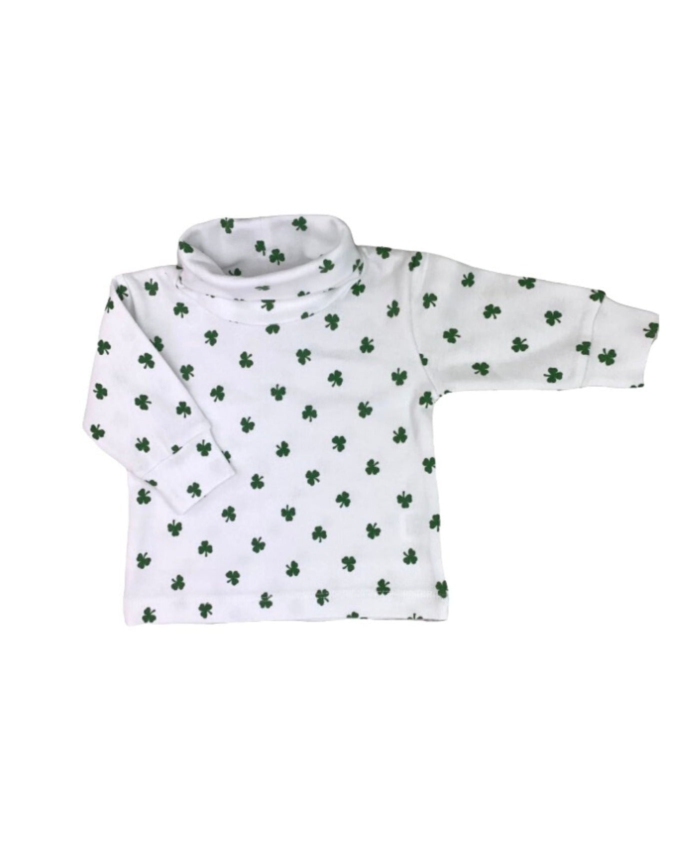 white long sleeve turtleneck with green shamrocks all over