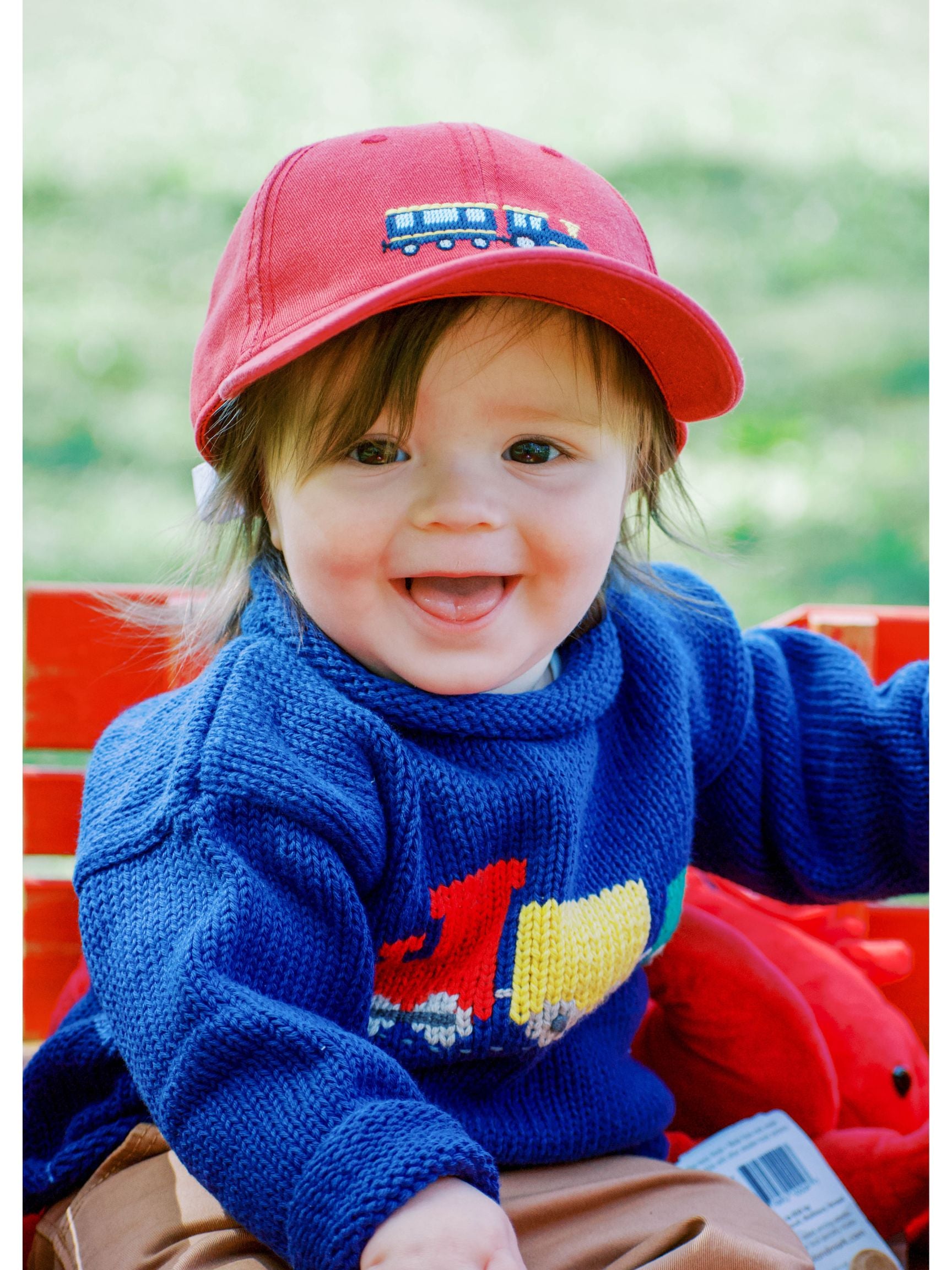 baby wearing royal blue train sweater