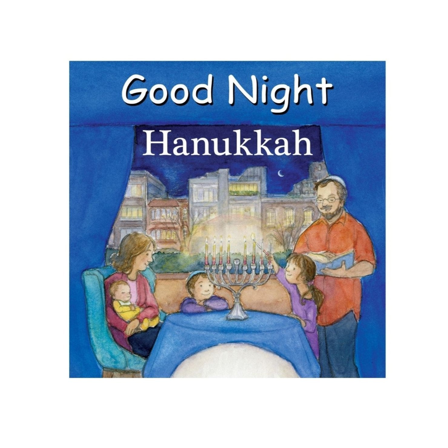 blue cover with family, mom, dad, brother, sister and baby at table lighting a menorah