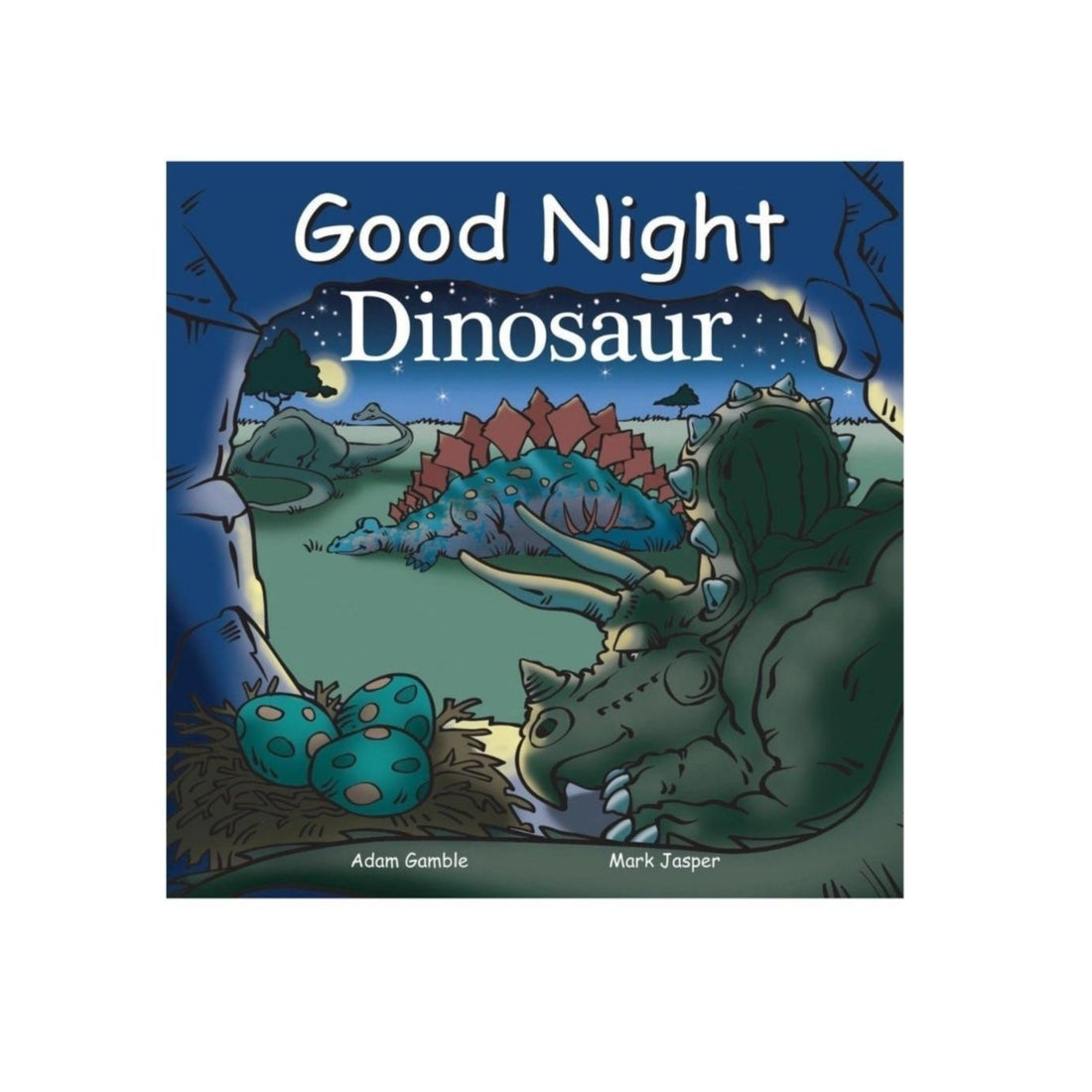 triceratops in a cave with blue dinosaur and green dinosaur outside the cave