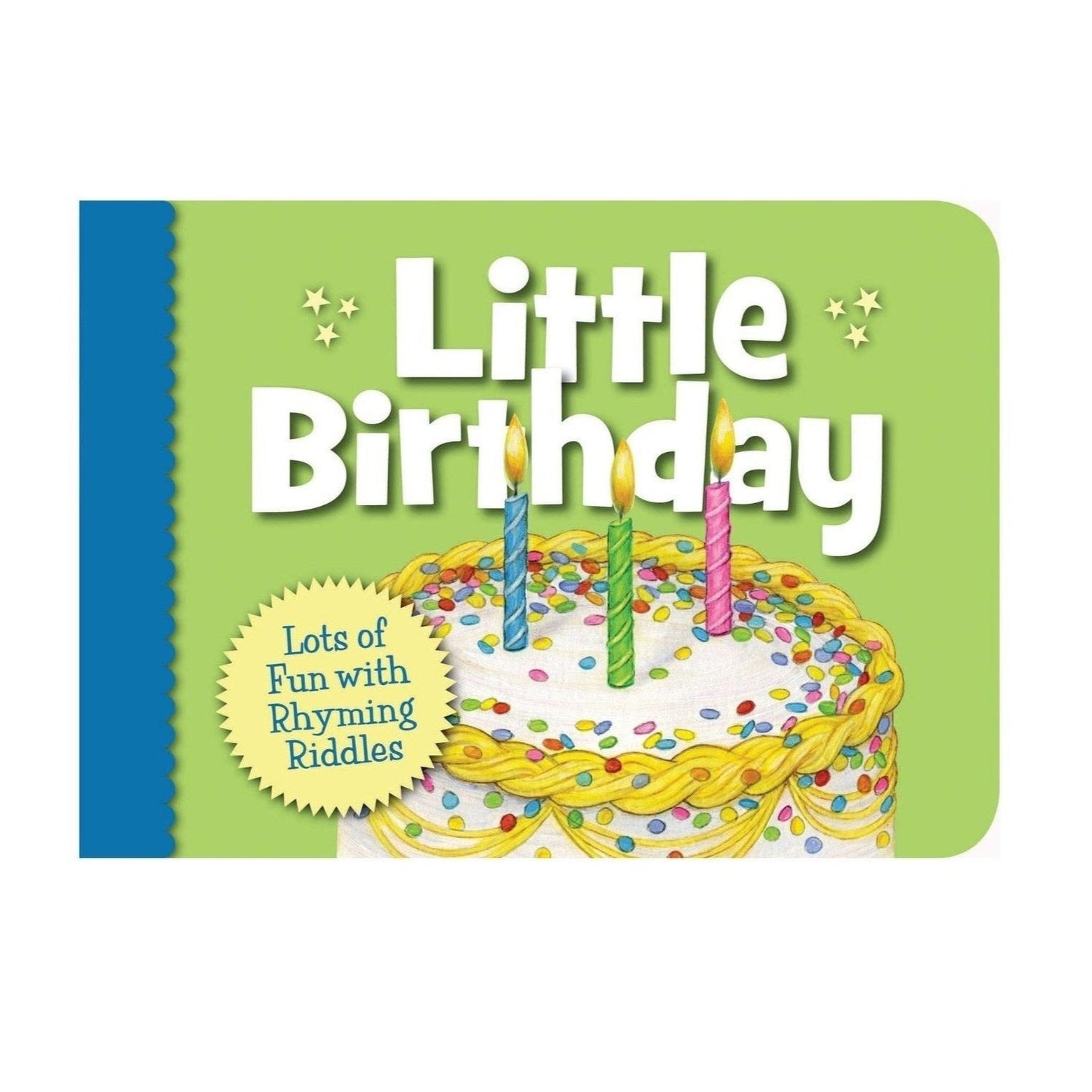 cover is green with white and colorful sprinkled birthday cake with candles