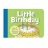 cover is green with white and colorful sprinkled birthday cake with candles