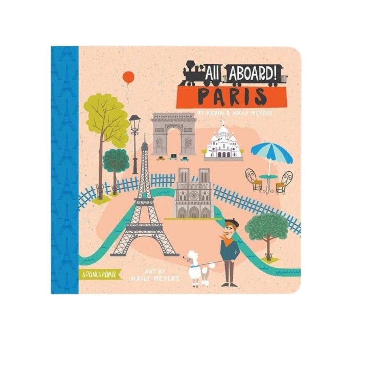 book cover showing landmarks of paris and man with a poodle