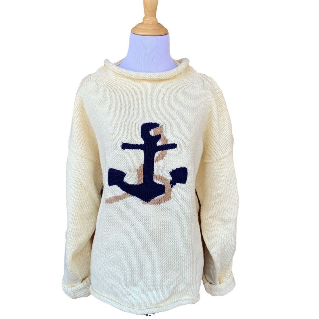 ivory sweater with navy anchor with tan rope going through it