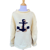ivory sweater with navy anchor with tan rope going through it