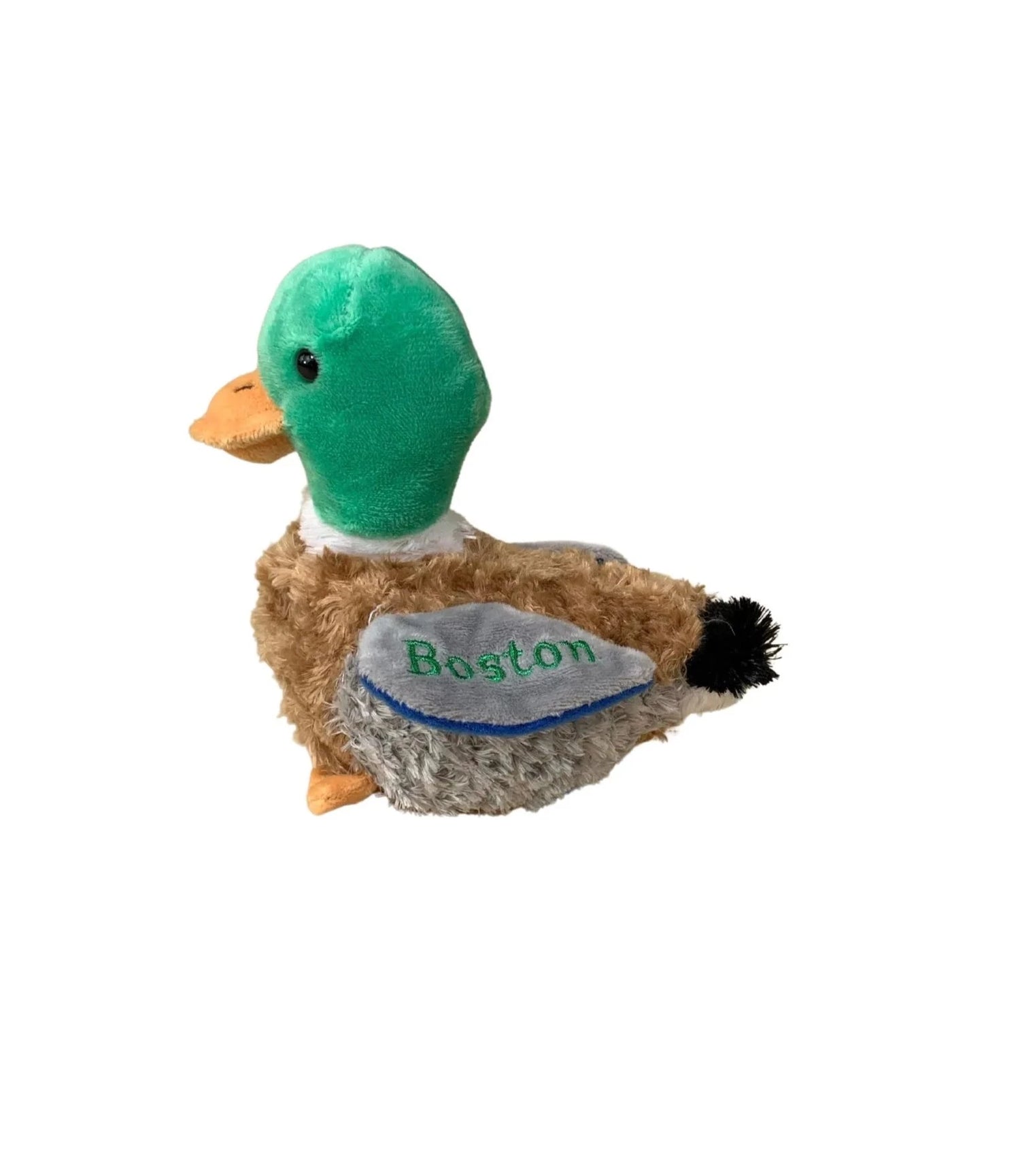 green brown and grey mallard duck plush with Boston embroidered in green on the wing