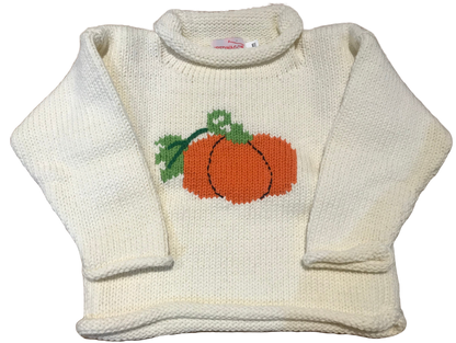 long sleeve ivory sweater with orange pumpkin in center