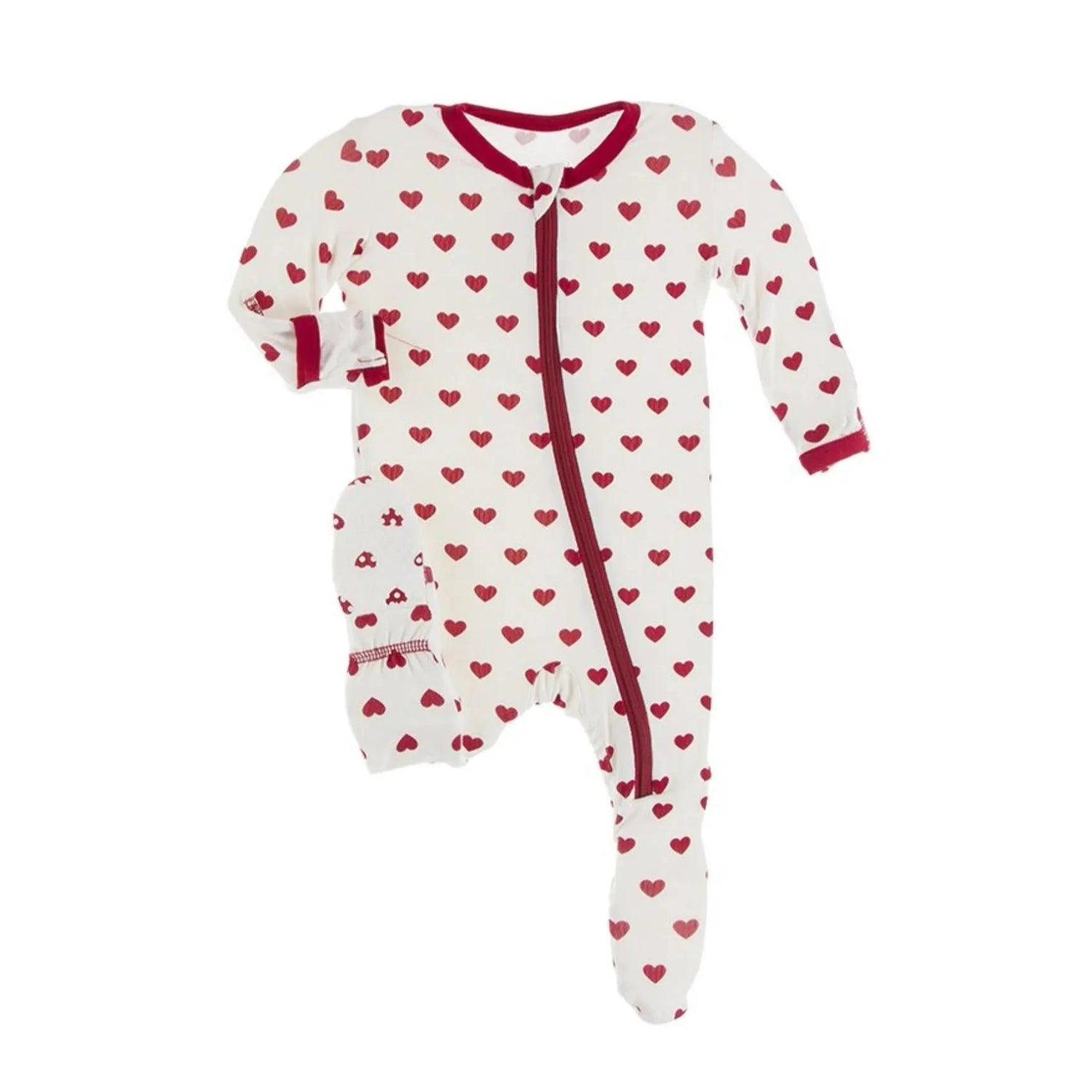 white footie with red hearts and red zipper