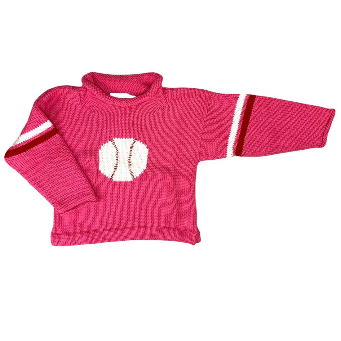 long sleeve pink sweater with white baseball in center, white and red stripe on each sleeve