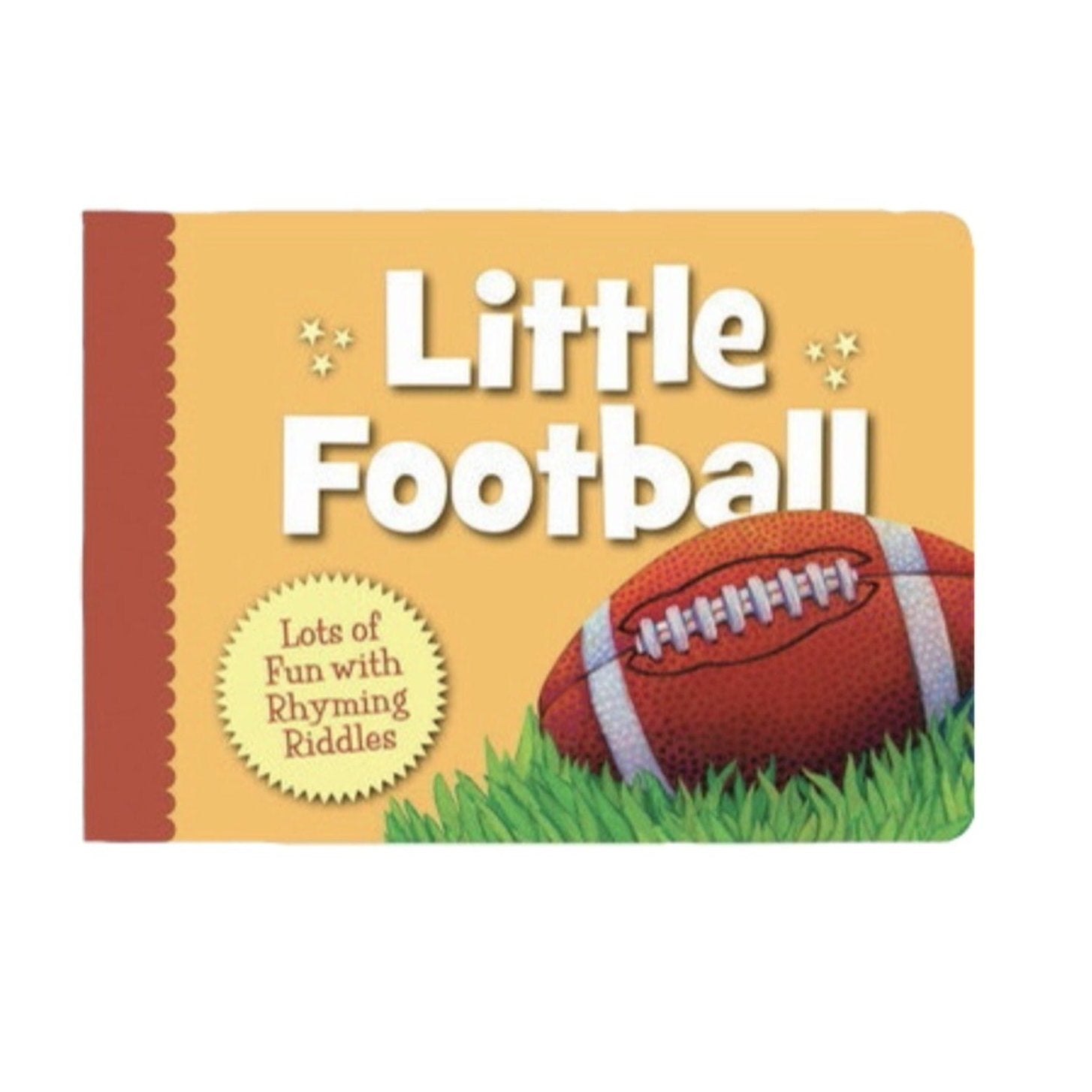 yellow book with &quot;Little Football&quot; written on front with green grasses and football on front