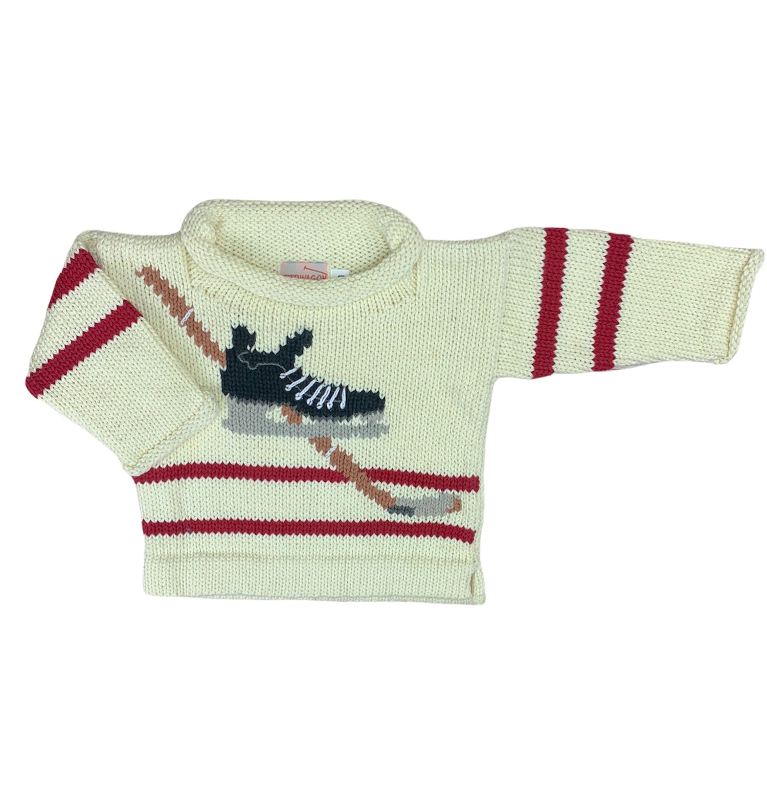 long sleeve ivory sweater with black hockey skate and tan hockey stick and cranberry stripes 2 on each sleeve and 2 on bottom torse