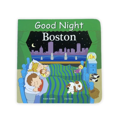 Good Night Boston Book front shows two children sleeping with boston city in the background