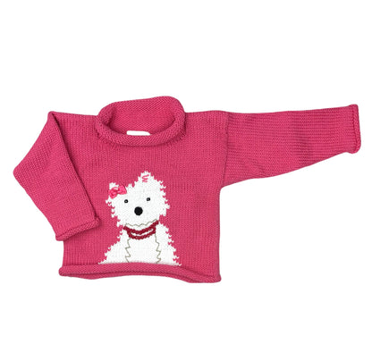 long sleeve pink sweater with white Westie dog wearing red collar and pink bow