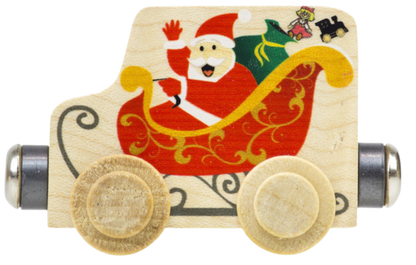 red sleigh with santa waving and a bag of presents