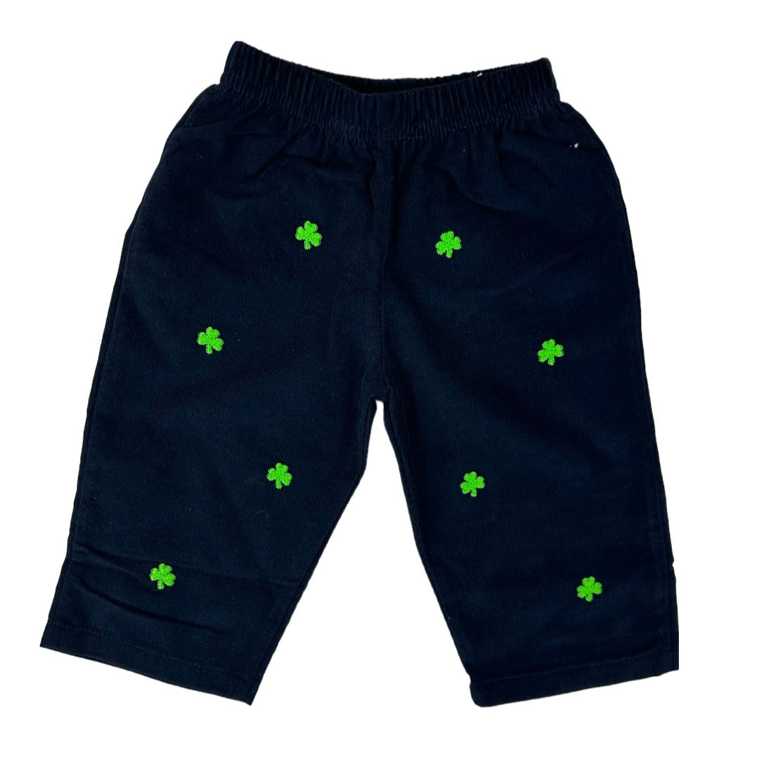 long navy corduroy pants with embroidered green shamrocks