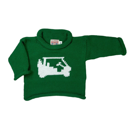 kelly green long sleeve sweater with white golf cart in center