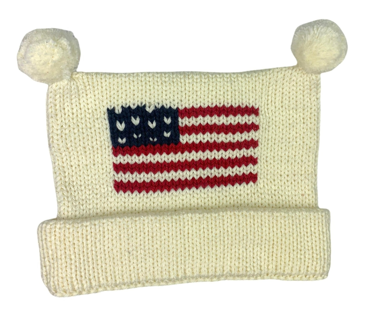 ivory hat with american flag with double poms