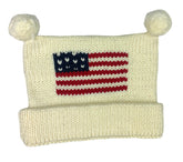 ivory hat with american flag with double poms